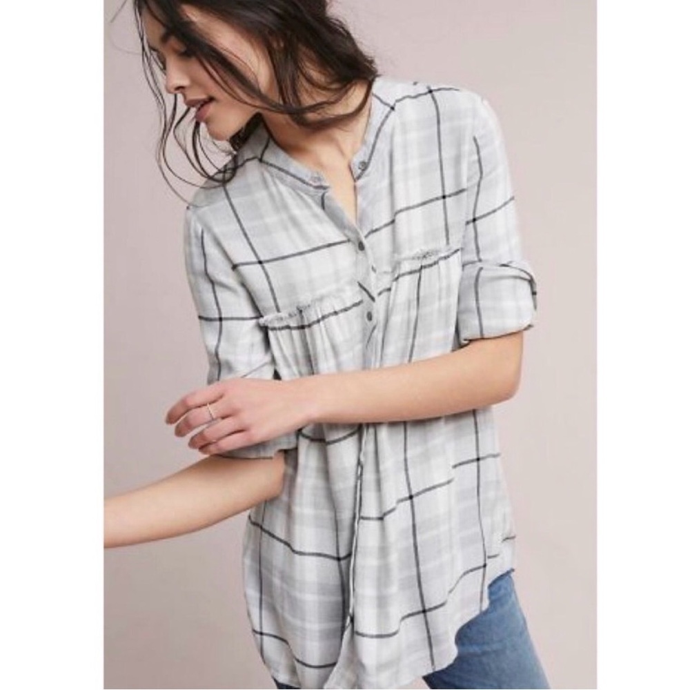 Anthropologie | Cloth & Stone | Light Gray Checkered Button-Down Tunic | Sz S